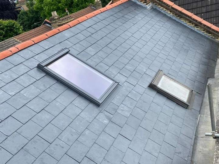 Slate roof with roof windows